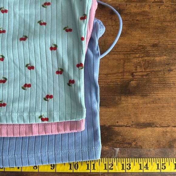 Rue 21 Spaghetti Tank Top Cropped 3 Set XS Small Pink Blue Cherries Y2K Festival - Picture 5 of 7